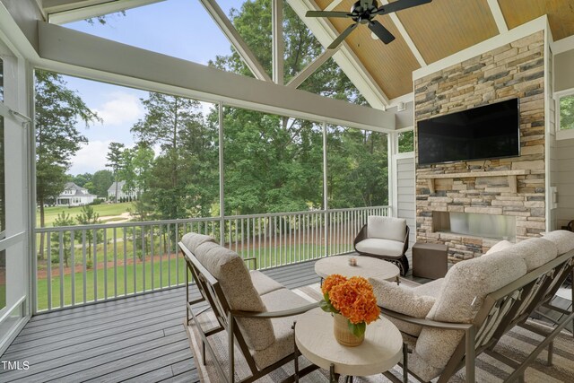 14 Duck Bill Trl, Pittsboro, NC 27312 - wooden deck with a ceiling fan and a stone fireplace