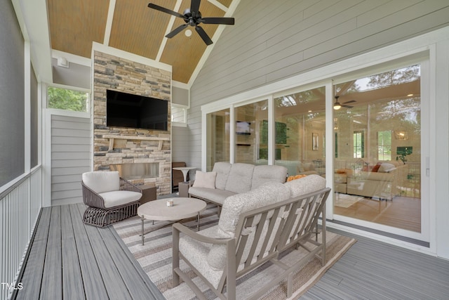 14 Duck Bill Trl, Pittsboro, NC 27312 - sunroom / solarium with ceiling fan, vaulted ceiling, and an outdoor living space with a fireplace