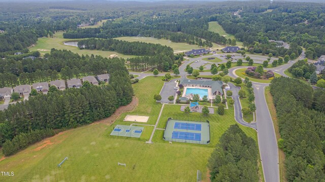 14 Duck Bill Trl, Pittsboro, NC 27312 - aerial view of property's location featuring a pool area and a heavily wooded area