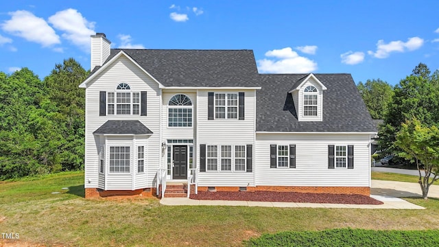1308 Aspen Falls Ct, Willow Springs, NC 27592 - view of front facade with entry steps, a shingled roof, a front lawn, and crawl space