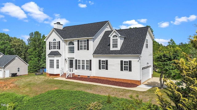 1308 Aspen Falls Ct, Willow Springs, NC 27592 - back of house with a chimney, a lawn, an attached garage, a shingled roof, and entry steps