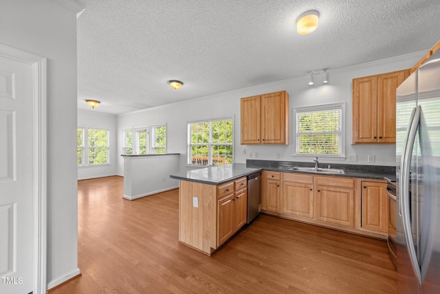1308 Aspen Falls Ct, Willow Springs, NC 27592 - kitchen with a peninsula, wood finished floors, a textured ceiling, a sink, and stainless steel appliances