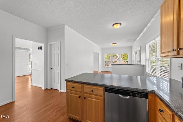 1308 Aspen Falls Ct, Willow Springs, NC 27592 - kitchen featuring dark countertops, stainless steel dishwasher, wood finished floors, a peninsula, and ornamental molding