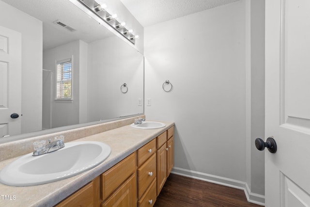 1308 Aspen Falls Ct, Willow Springs, NC 27592 - bathroom featuring double vanity, a sink, wood finished floors, and visible vents