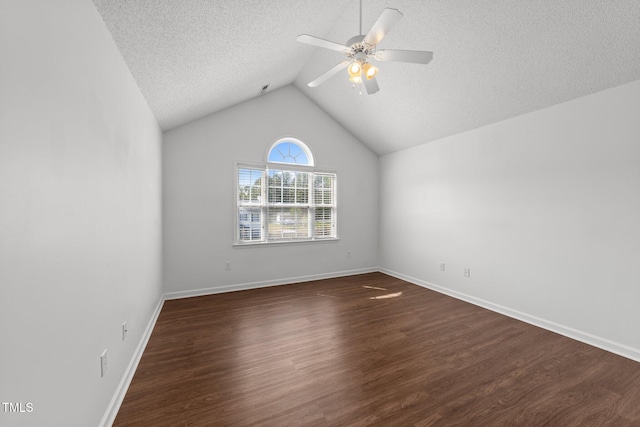 1308 Aspen Falls Ct, Willow Springs, NC 27592 - unfurnished room with ceiling fan, a textured ceiling, vaulted ceiling, baseboards, and dark wood-type flooring