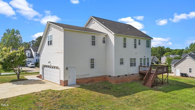 1308 Aspen Falls Ct, Willow Springs, NC 27592 - view of side of home with stairs, a garage, a wooden deck, crawl space, and a yard