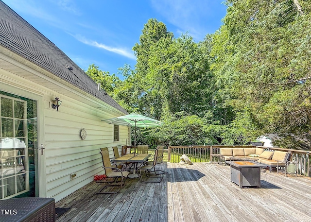 30 Shannon Rd, Timberlake, NC 27583 - wooden terrace with outdoor dining area and an outdoor living space with a fire pit
