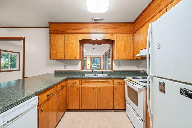 kitchen featuring white appliances, a sink, brown cabinets, dark countertops, and under cabinet range hood