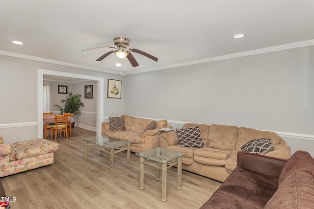 4610 Pinehurst Dr N, Wilson, NC 27896 - living room with ceiling fan, light wood finished floors, ornamental molding, recessed lighting, and baseboards