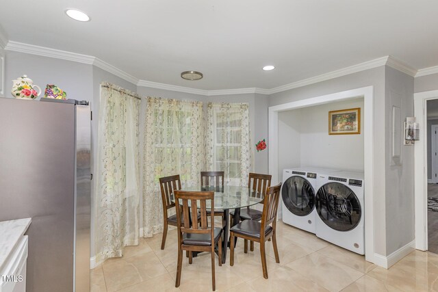 4610 Pinehurst Dr N, Wilson, NC 27896 - dining area featuring washer and clothes dryer, ornamental molding, baseboards, light tile patterned flooring, and recessed lighting