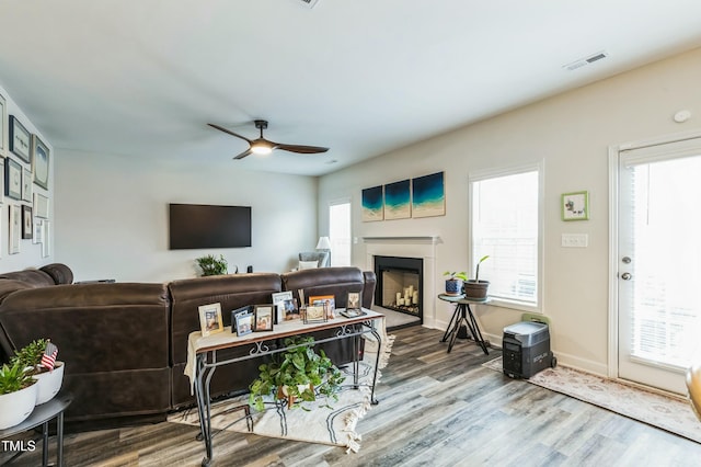 living room featuring a fireplace, wood finished floors, a ceiling fan, and plenty of natural light