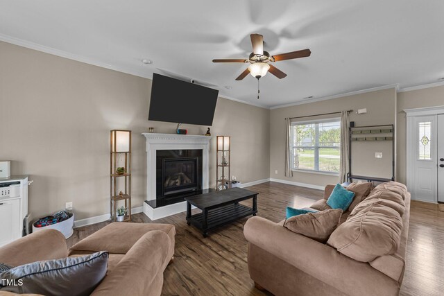 living area featuring ceiling fan, wood finished floors, crown molding, and a healthy amount of sunlight