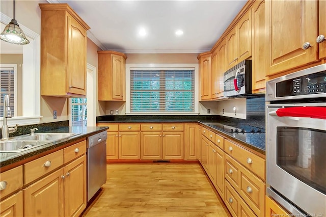 kitchen with light wood finished floors, a wealth of natural light, a sink, and stainless steel appliances