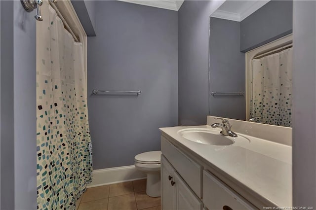 full bathroom with baseboards, ornamental molding, toilet, tile patterned floors, and vanity