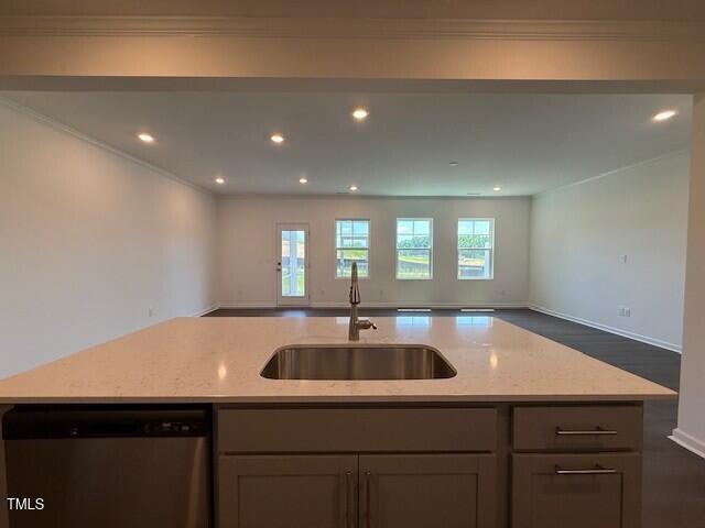 237 Shingle Oak Rd, Wake Forest, NC 27587 - kitchen featuring dishwasher, open floor plan, light stone countertops, recessed lighting, and ornamental molding
