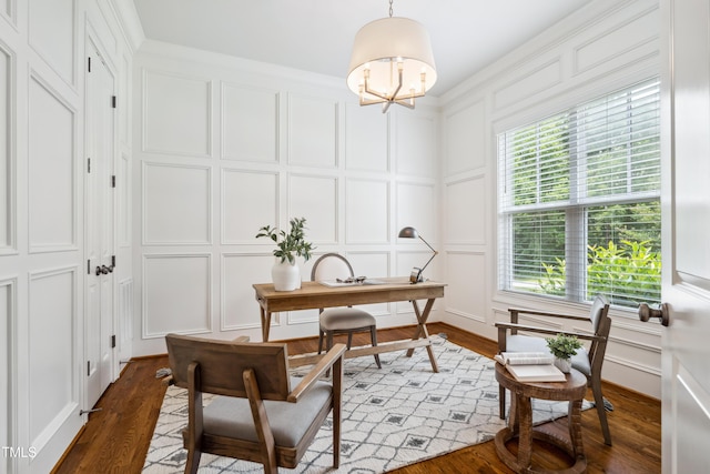 325 Forest Bridge Rd, Youngsville, NC 27596 - home office featuring a decorative wall, a chandelier, and dark wood-style floors