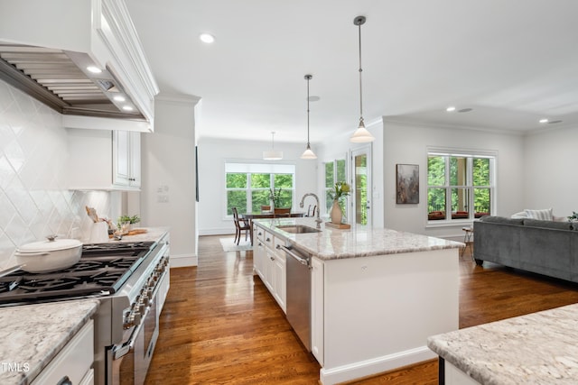 325 Forest Bridge Rd, Youngsville, NC 27596 - kitchen featuring appliances with stainless steel finishes, a sink, plenty of natural light, dark wood-style flooring, and ornamental molding