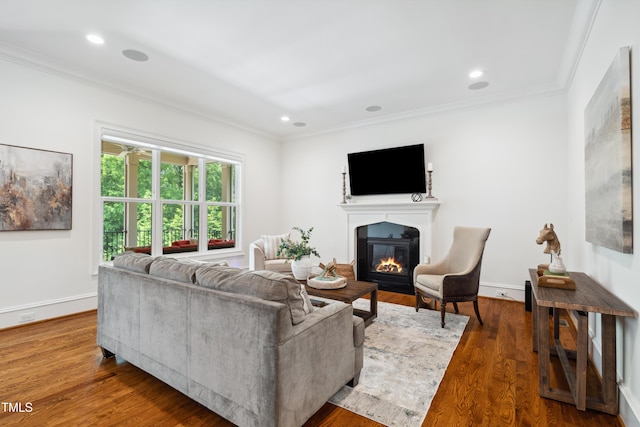325 Forest Bridge Rd, Youngsville, NC 27596 - living area featuring crown molding, a glass covered fireplace, wood finished floors, recessed lighting, and baseboards
