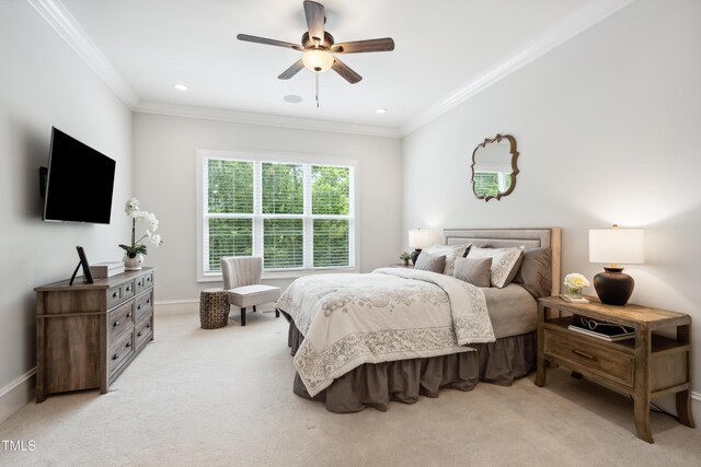 325 Forest Bridge Rd, Youngsville, NC 27596 - bedroom featuring light colored carpet, ornamental molding, baseboards, and ceiling fan
