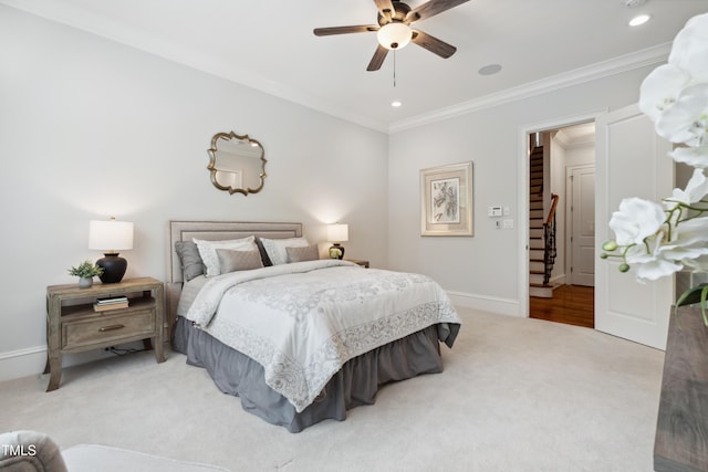 325 Forest Bridge Rd, Youngsville, NC 27596 - bedroom featuring light colored carpet, crown molding, baseboards, recessed lighting, and a ceiling fan