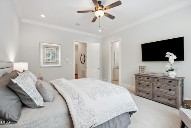 325 Forest Bridge Rd, Youngsville, NC 27596 - bedroom with ornamental molding, light colored carpet, recessed lighting, ensuite bath, and baseboards