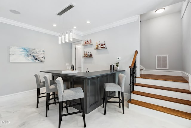 325 Forest Bridge Rd, Youngsville, NC 27596 - indoor wet bar featuring ornamental molding, stairway, baseboards, recessed lighting, and decorative light fixtures