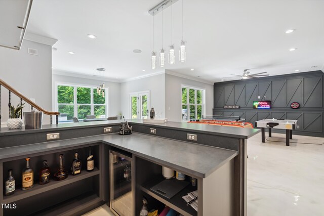 325 Forest Bridge Rd, Youngsville, NC 27596 - kitchen with beverage cooler, ornamental molding, dark countertops, recessed lighting, and open shelves