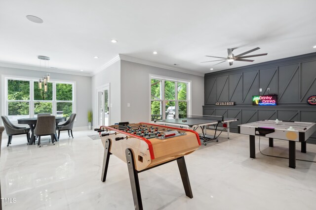 325 Forest Bridge Rd, Youngsville, NC 27596 - game room featuring ornamental molding, healthy amount of natural light, recessed lighting, a ceiling fan, and baseboards