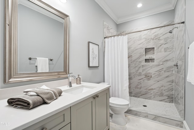 325 Forest Bridge Rd, Youngsville, NC 27596 - bathroom featuring vanity, toilet, crown molding, and a tile shower