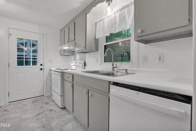 1332 Stallings Rd, Chapel Hill, NC 27516 - kitchen featuring white appliances, a sink, under cabinet range hood, light countertops, and light marble finish floors