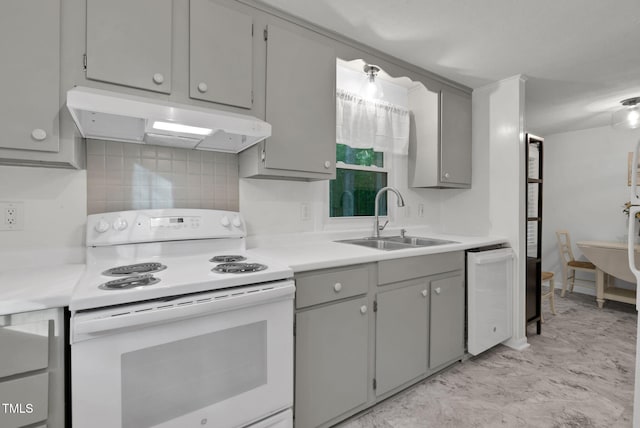 1332 Stallings Rd, Chapel Hill, NC 27516 - kitchen featuring white appliances, under cabinet range hood, a sink, gray cabinetry, and backsplash
