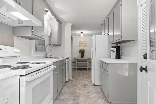 1332 Stallings Rd, Chapel Hill, NC 27516 - kitchen with white electric range oven, gray cabinets, under cabinet range hood, a sink, and dishwasher