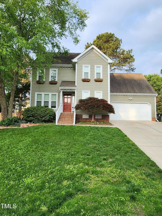 traditional home featuring a garage, driveway, a front lawn, and roof with shingles