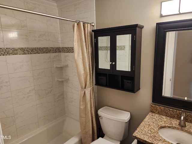 full bathroom featuring shower / bathtub combination with curtain, toilet, and vanity