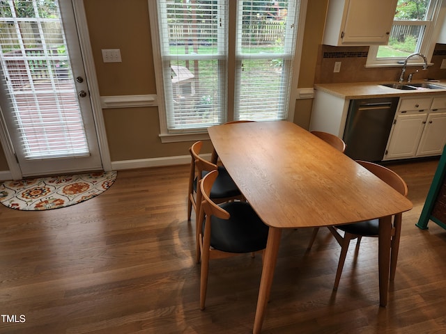 dining area with baseboards and dark wood finished floors