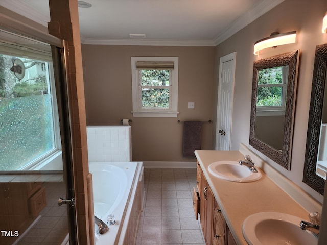 501 Samara St, Apex, NC 27502 - full bathroom with plenty of natural light, a bath, double vanity, baseboards, and ornamental molding