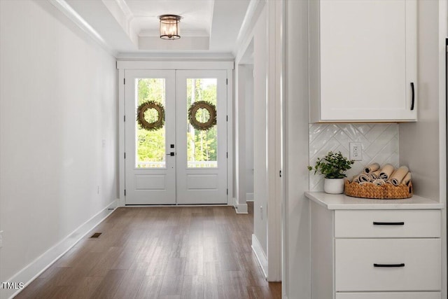 7616 Hasentree Way, Wake Forest, NC 27587 - entrance foyer featuring baseboards, ornamental molding, french doors, and wood finished floors