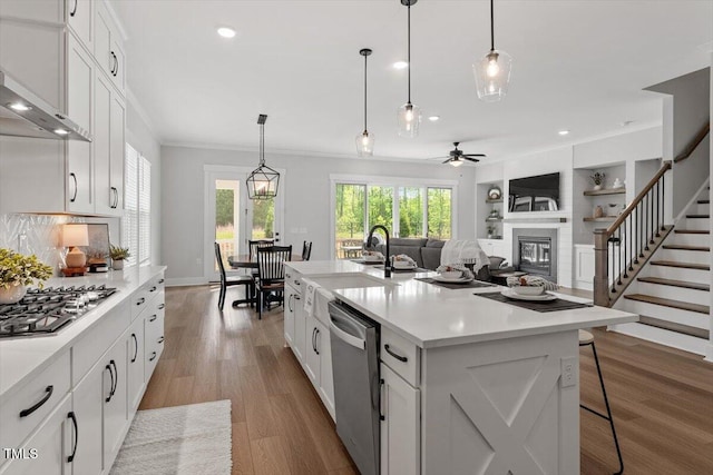 7616 Hasentree Way, Wake Forest, NC 27587 - kitchen with ceiling fan, appliances with stainless steel finishes, a sink, light countertops, and a glass covered fireplace