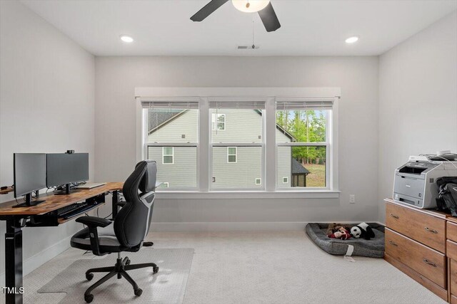 7616 Hasentree Way, Wake Forest, NC 27587 - office with light colored carpet, baseboards, ceiling fan, and visible vents