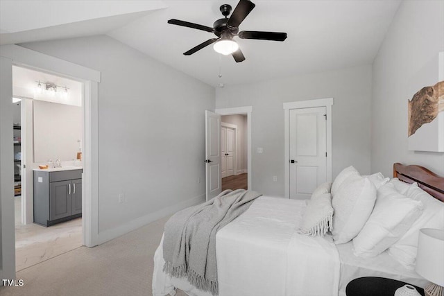 7616 Hasentree Way, Wake Forest, NC 27587 - bedroom with connected bathroom, ceiling fan, light colored carpet, baseboards, and lofted ceiling