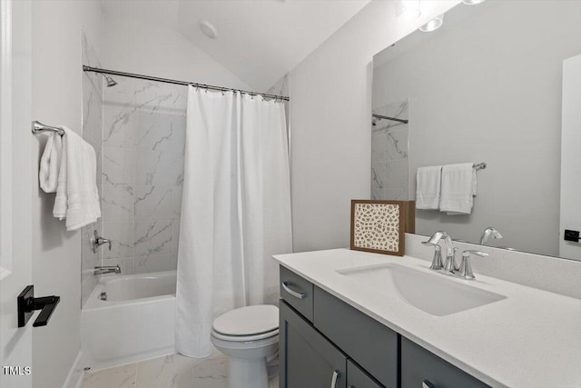 7616 Hasentree Way, Wake Forest, NC 27587 - full bath with vanity, toilet, marble finish floor, lofted ceiling, and shower / bathtub combination with curtain