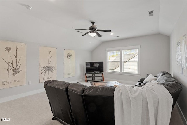 7616 Hasentree Way, Wake Forest, NC 27587 - living room with visible vents, lofted ceiling, baseboards, ceiling fan, and carpet flooring