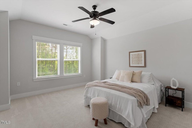 7616 Hasentree Way, Wake Forest, NC 27587 - bedroom with carpet flooring, ceiling fan, baseboards, lofted ceiling, and visible vents