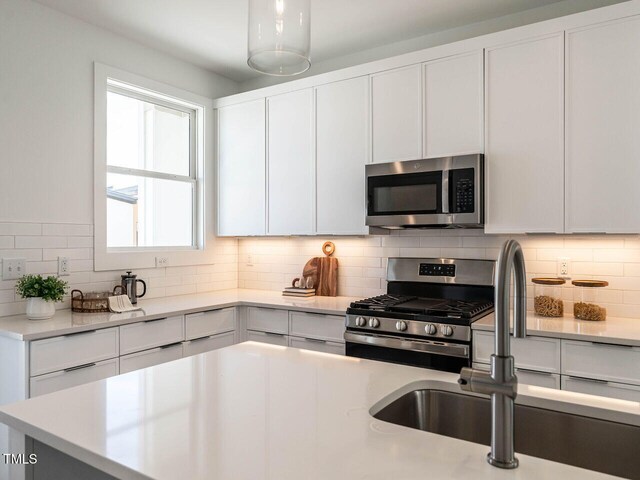 1317 Garner Rd Unit 101, Raleigh, NC 27610 - kitchen featuring light countertops, a sink, appliances with stainless steel finishes, white cabinets, and decorative backsplash