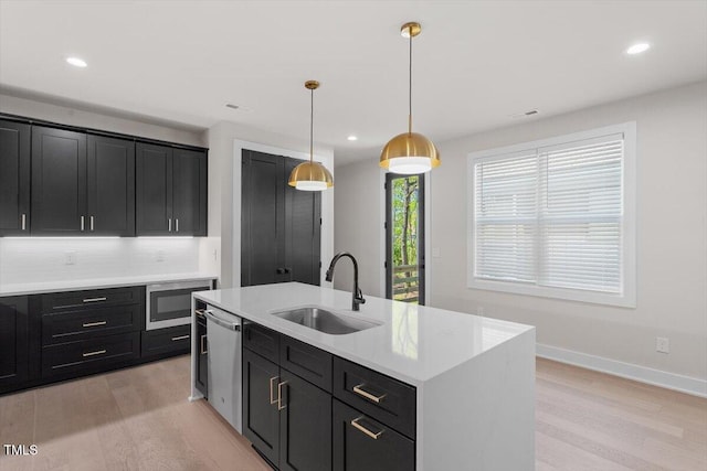 730 Hopkins St, Durham, NC 27701 - kitchen featuring a sink, stainless steel appliances, dark cabinets, light wood-type flooring, and recessed lighting