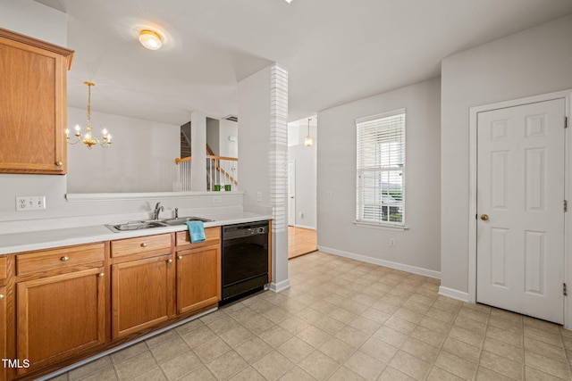 1116 Silky Dogwood Trl, Apex, NC 27502 - kitchen with brown cabinets, dishwasher, a sink, light countertops, and an inviting chandelier