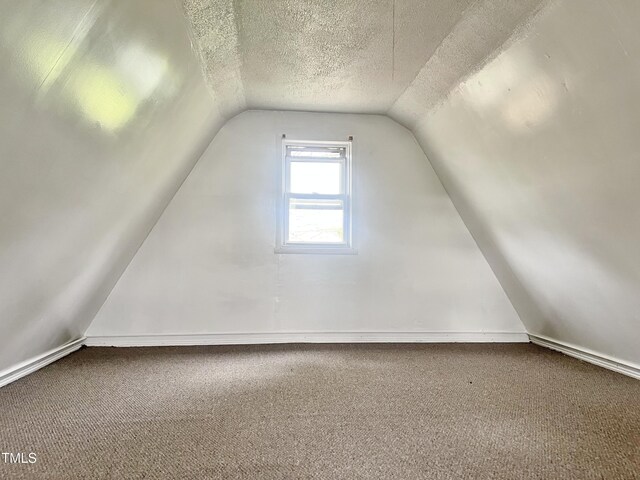 bonus room with vaulted ceiling, carpet flooring, and a textured ceiling