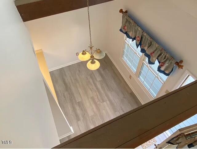 interior details with baseboards, wood finished floors, and a notable chandelier