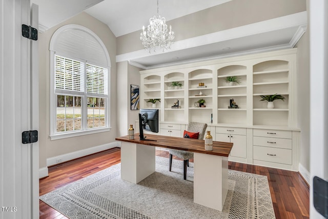 office space with baseboards, a notable chandelier, dark wood-type flooring, and vaulted ceiling
