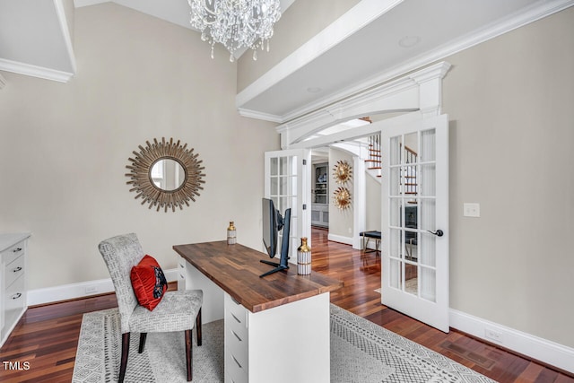 office area with dark wood-type flooring, baseboards, french doors, and a chandelier
